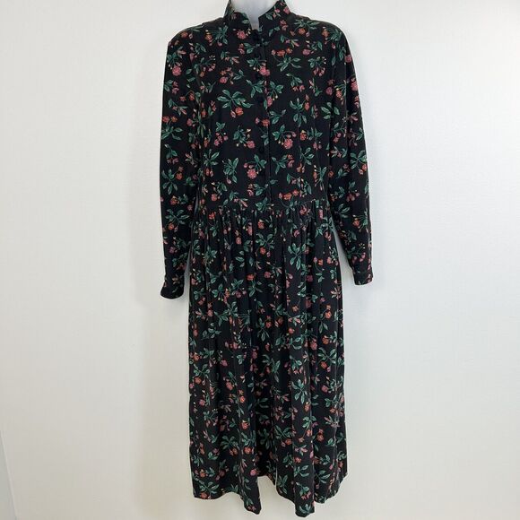 Vintage Talbots Dress Womens‎ 4 Corduroy Black With Floral Pring Mock Neck 90s - Picture 1 of 14